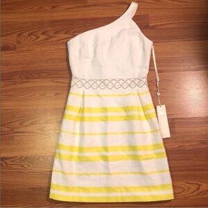 NWT Laura Bernal One-Shoulder White and Yellow Striped Dress